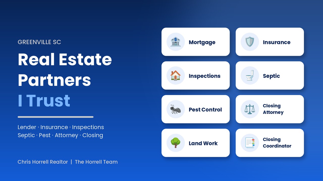 Greenville SC real estate partners I trust: mortgage, insurance, inspections, septic, pest control, closing attorney, land work and closing coordinator.