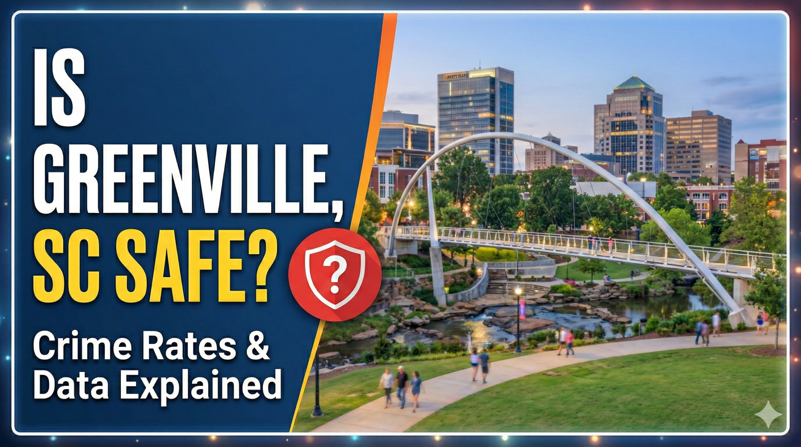 Greenville SC Safety and Crime Rates Data Explanation This is a YouTube video thumbnail graphic with a split-screen design. The left side has large, bold text on a navy blue background: "IS GREENVILLE, SC SAFE?" with "GREENVILLE" in white and "SC SAFE?" in yellow. Below this is smaller white text: "Crime Rates & Data Explained". A red shield icon with a white question mark is on the division line. The right side features a real photo of the Liberty Bridge over Falls Park in downtown Greenville at twilight.
