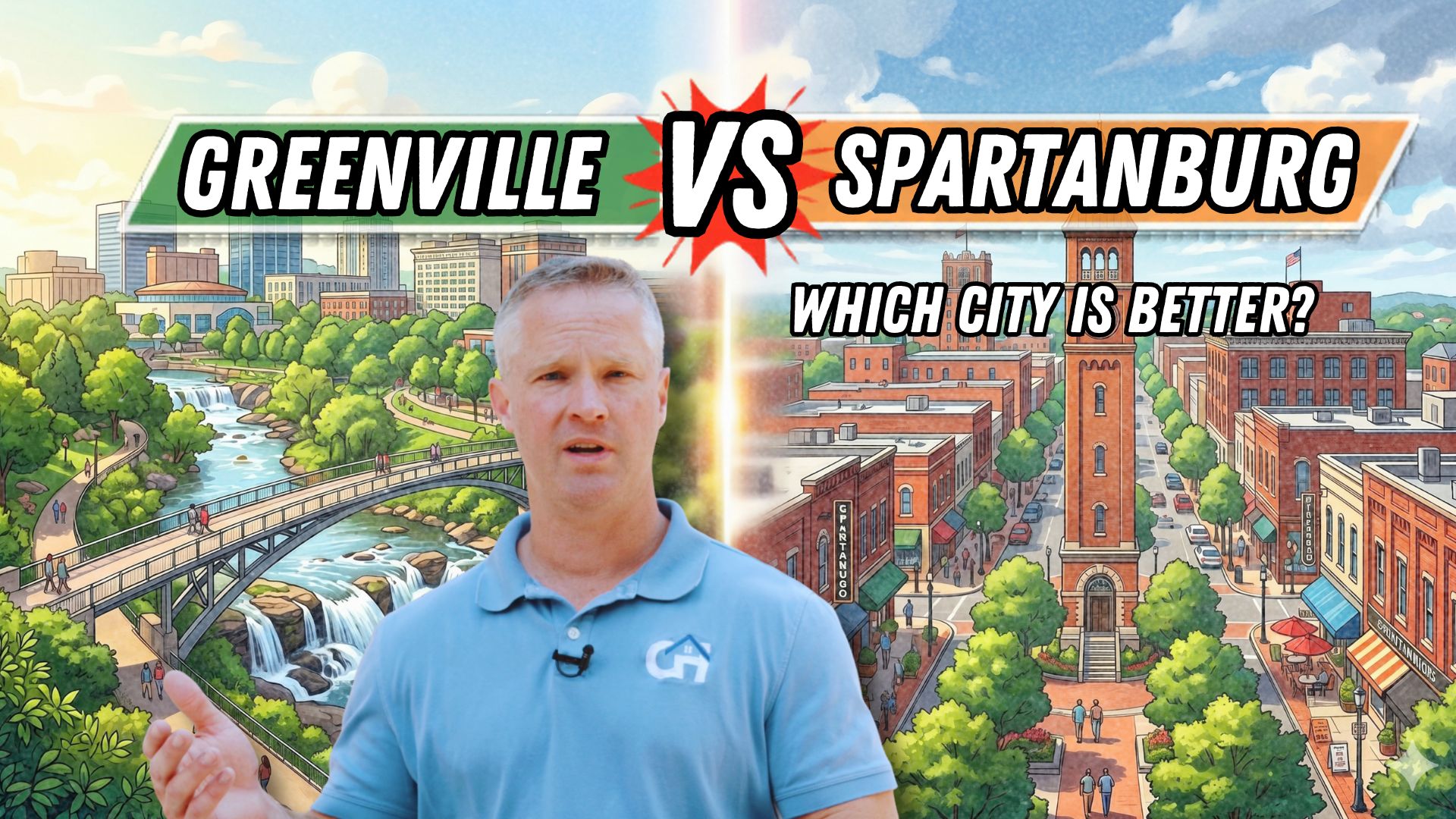Greenville vs Spartanburg comparison thumbnail showing Upstate South Carolina real estate, cost of living, and lifestyle differences.