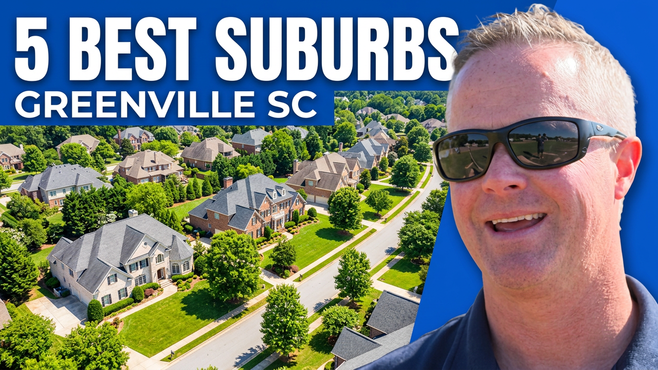 Chris Horrell smiling beside an aerial view of a suburban neighborhood with the text "5 Best Suburbs Greenville SC" for a guide to Greenville SC suburbs