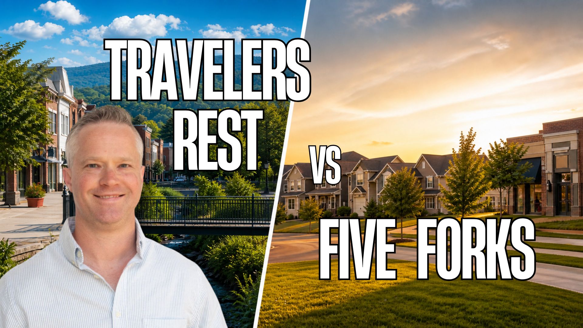 Five Forks vs Travelers Rest comparison showing Greenville County suburban living, downtown character, commute options, and lifestyle choices
