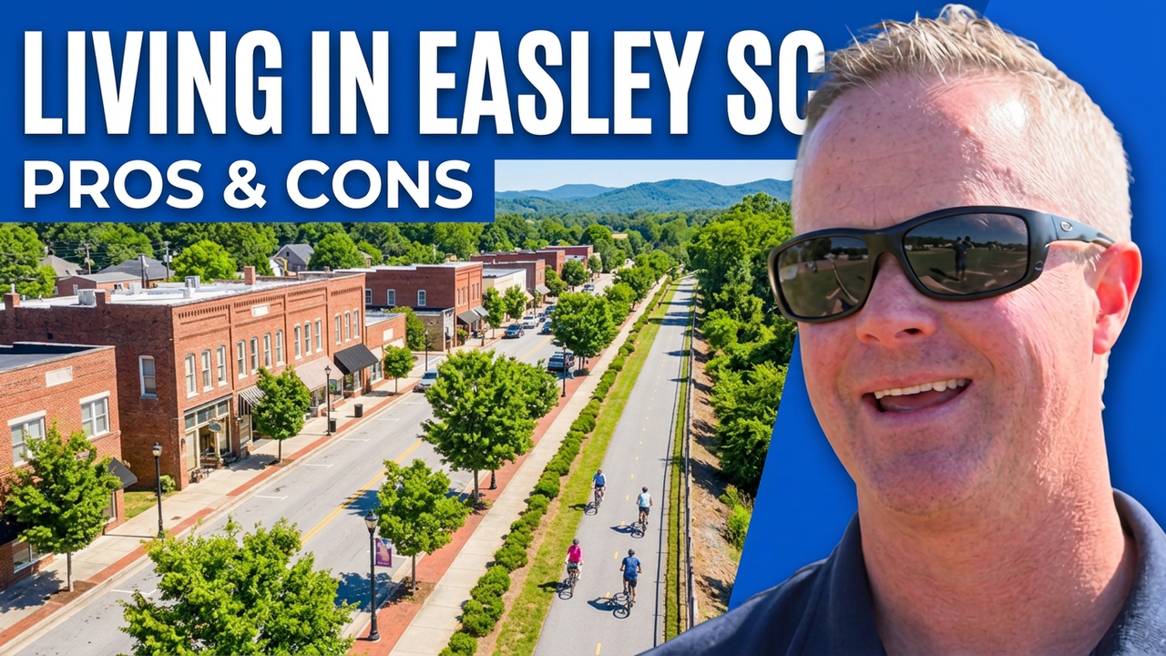 Chris Horrell smiling beside a small-town main street and rail trail with the text "Living in Easley SC" for a guide to living in Easley SC