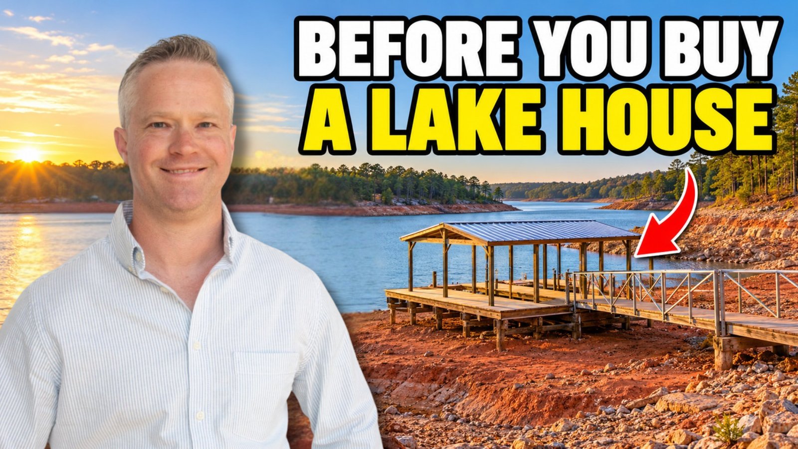 Upstate SC lake water levels: Chris Horrell at a Lake Hartwell dock during low water Chris Horrell smiling in front of a Lake Hartwell dock sitting on exposed red clay during low water, with the words Before You Buy a Lake House